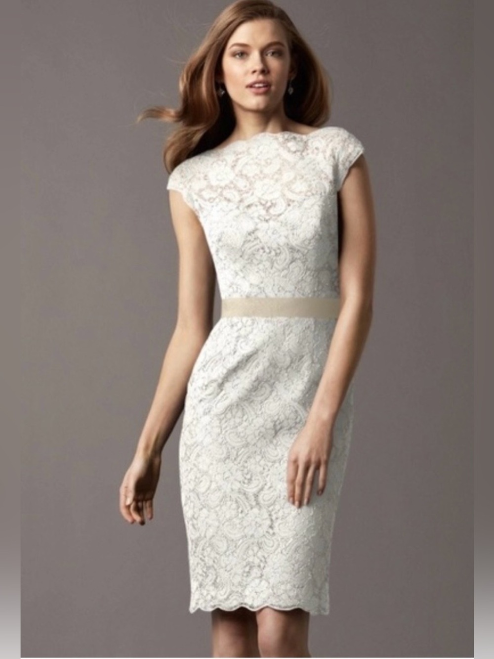Watters Gray Lace Sheath Midi Dress with Cap Sleeves